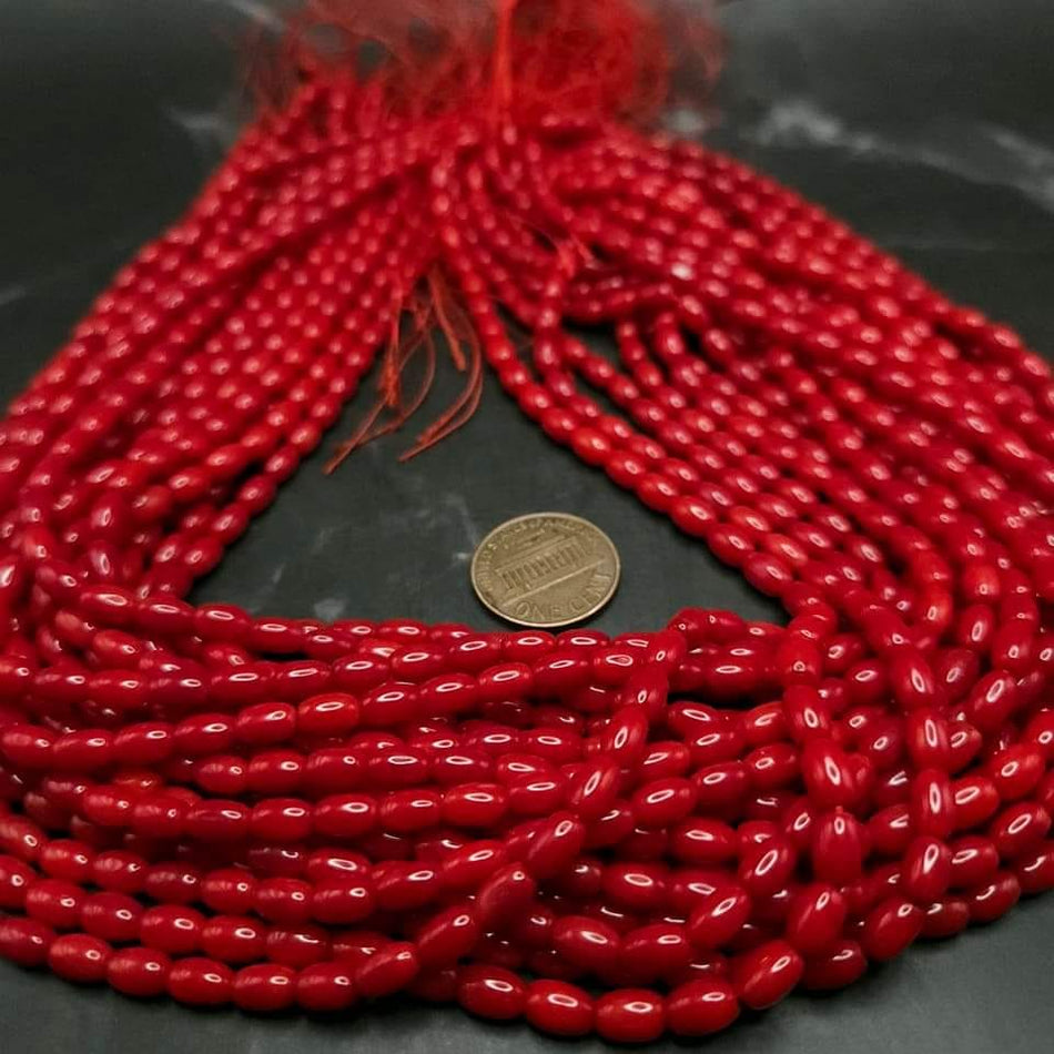 Red Bamboo Coral
4mm x 6mm rice shape, 16" strand