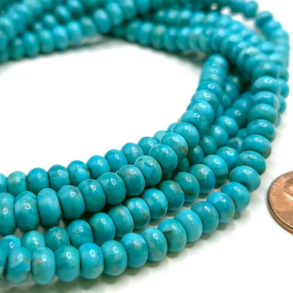 Genuine Natural Turquoise, Campitos Mine (beads made in Arizona, USA.)
6mm Rondelle, 16" strand