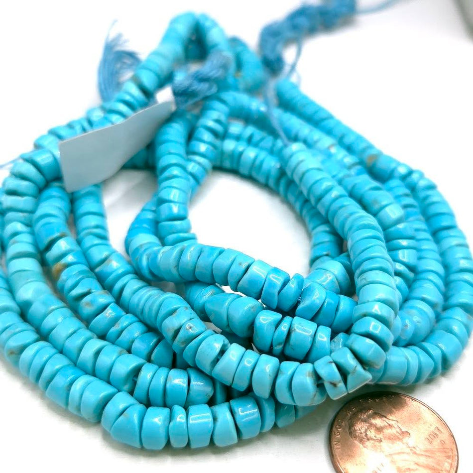 Genuine Turquoise, Campitos
6mm heishi, 16" strand